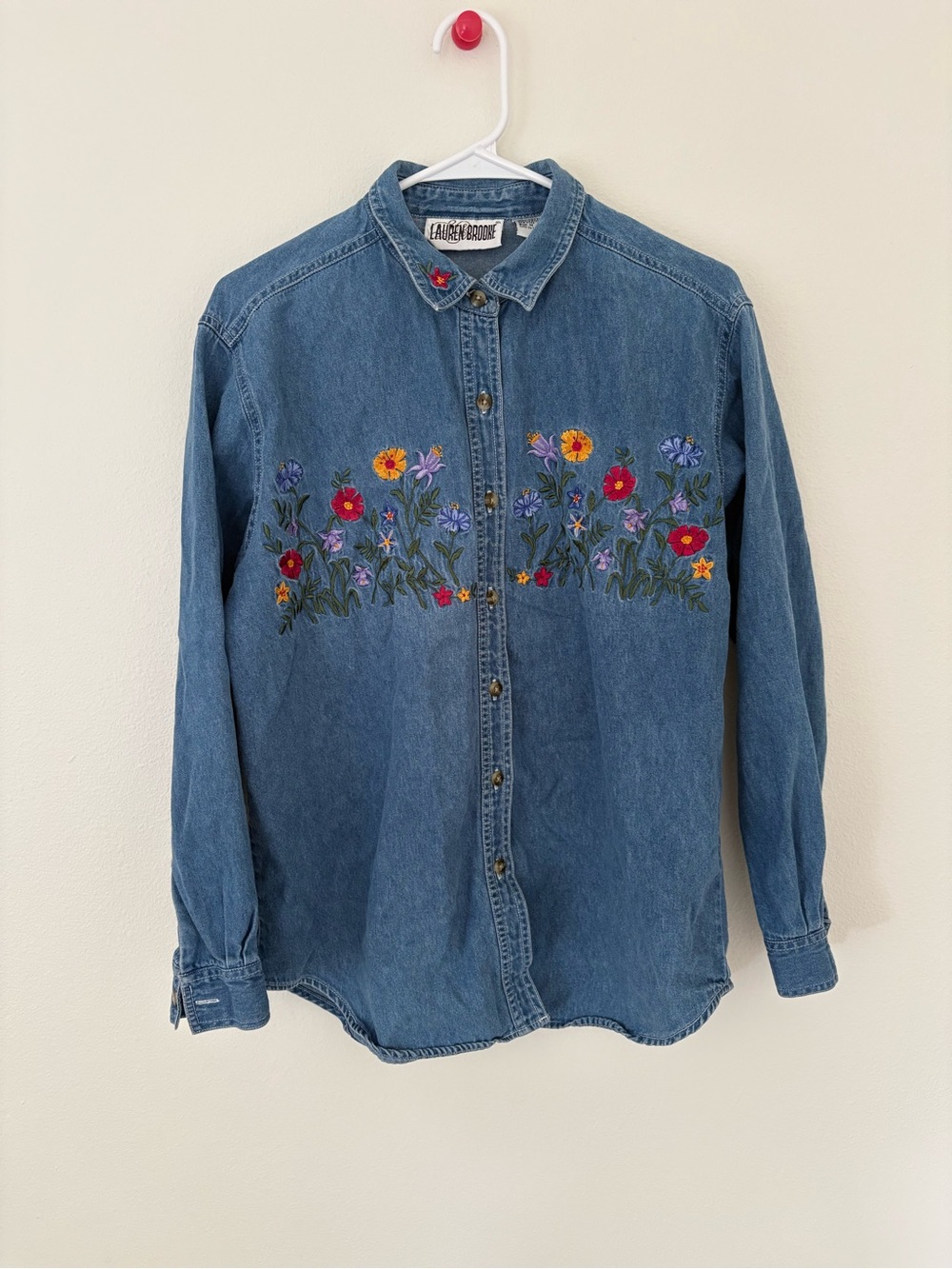 Lauren Brooke Vintage Cottagecore Embroidered Floral Jean Button-Up Cotton Shirt